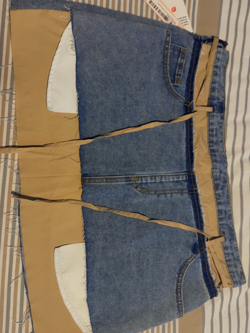 Denim and Tan Panel Mini Skirt - Two-Tone Casual Style